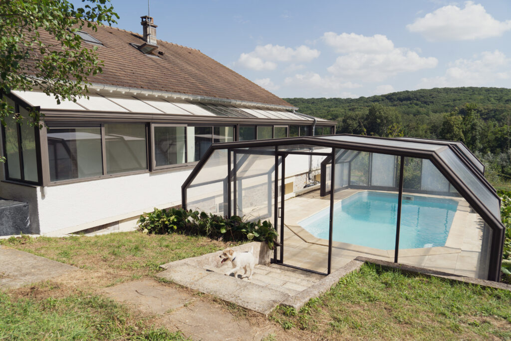 Vue de la piscine de la pension pour chien premium de Dog Valley, situé a Saint-Cheron, Essonne, proche de Paris